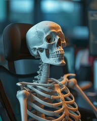 Fototapeta premium tired skeleton rests in office chair, drained by work, Generative AI