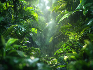 Rain in the forest, green leaves and palm trees