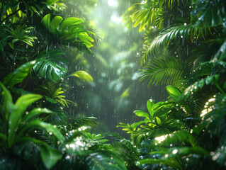 Rain in the forest, green leaves and palm trees
