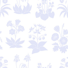 Fototapeta na wymiar Monochrome seamless pattern with canary islands flowers on white background. Vintage floral wallpaper