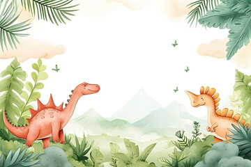 Cute cartoon dinosaur frame border on background in watercolor style.