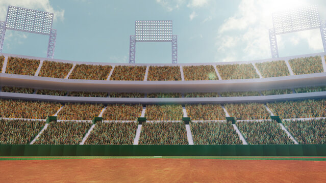 Sport match event. 3D render of empty baseball arena, open air stadium with tribune filled with fans. Concept of professional sport, competition, championship, game