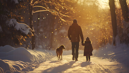 family and dog are walking through the snow in winter, 
