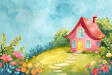 Cute cartoon house landscape frame border on background in watercolor style.