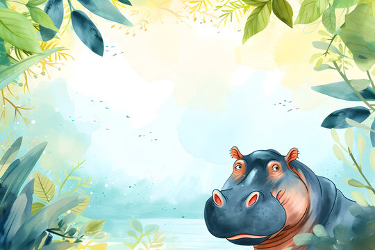 Cute cartoon hippopotamus frame border on background in watercolor style.