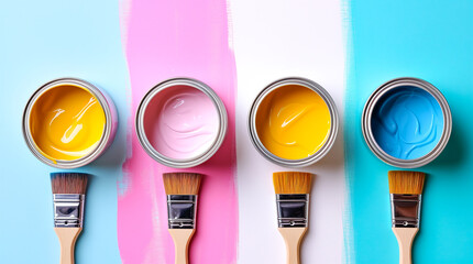 Banner with four open cans of paint with brushes on them on bright symmetry background. Yellow, white, pink, blue colors of paint. Top view.