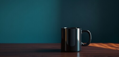 A sleek empty mug on a dark cherry wood table with a midnight blue background.