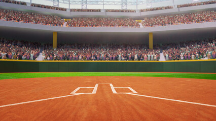 Poster to promote local sports matches. 3D render of empty baseball arena, open air stadium with tribune filled with fans. Concept of professional sport, competition, championship, game © master1305