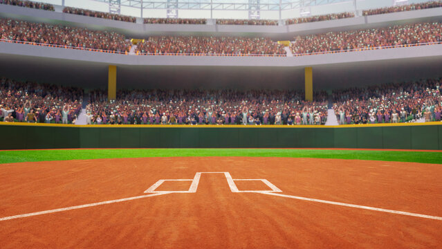 Poster to promote local sports matches. 3D render of empty baseball arena, open air stadium with tribune filled with fans. Concept of professional sport, competition, championship, game