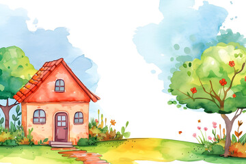 Fototapeta premium Cute cartoon house landscape frame border on background in watercolor style.
