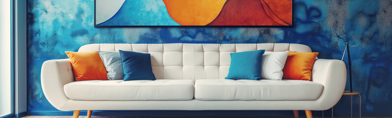 Blue living room with white sofa and colourful pillows on it. Concept of comfortable and simplicity in domestic apartment.