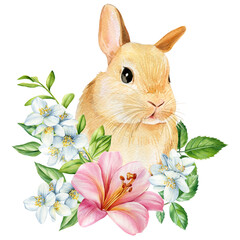 Little bunny and flowers on isolated white background, watercolor cute animal illustration, easter bunny. spring rabbit