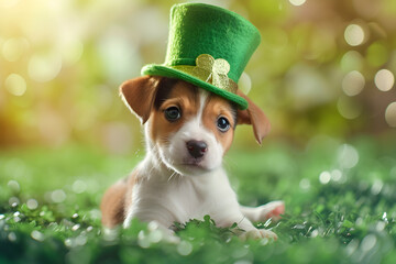 Cute dog wearing a leprechaun hat. Saint Patrick's Day on background.
