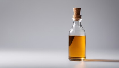 A bottle of oil with a wooden cork