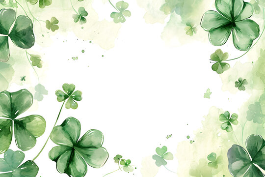 St. Patrick's Day with green clover frame border background in watercolor style.