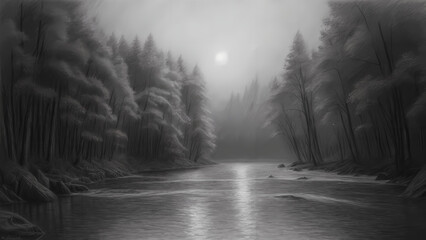 Frame Art, TV Art, river flowing misty forest, fog in the forest, pencil sketch, printable digital art