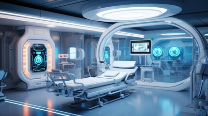futuristic lab transforming hospital wards, the future of high tech healthcare with screen lighting of checking, health care concept, Generative AI