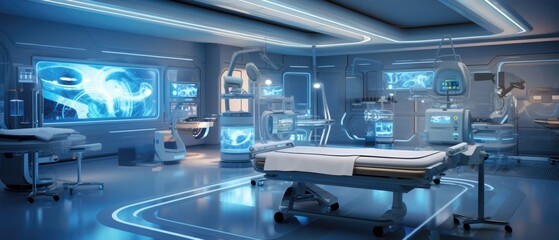 futuristic lab transforming hospital wards, the future of high tech healthcare with screen lighting of checking, health care concept, Generative AI