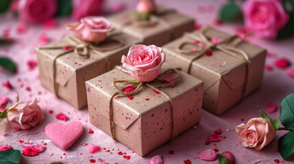 Obraz na płótnie Canvas Trendy gift boxes, rose flowers and hearts on a colored background. Valentine's Day, space for text
