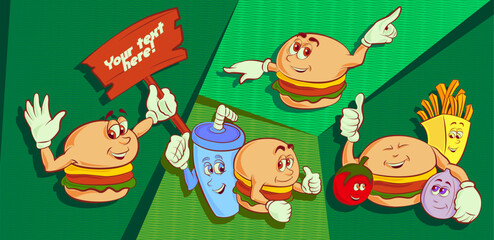 Hamburguer character in different poses. Fast foods. Vegetables, potatoes and soft drinks. Vector illustration.