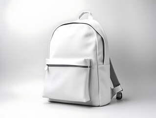 Side view of a white schoolbag mockup in a white room. With a zipped container at the front. Created with Generative AI. - obrazy, fototapety, plakaty