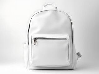 Front view of a white schoolbag mockup in a white room. With a zipped container at the front. Created with Generative AI. - obrazy, fototapety, plakaty