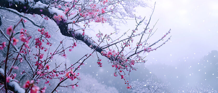 wallpaper of  branch is covered in heavy snow, covered in snow with plum blossom petals, with empty copy space