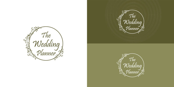 Wedding planner, and wedding organizer logotype design presented with multiple background colors. Simple and elegant wedding planner company logo with circle flower decoration
