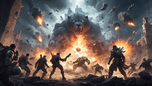 Dramatic video game style key art with heroic characters and dynamic explosion and combat