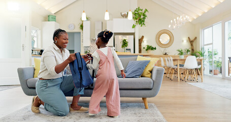 Talking, happy and a mother with a child getting ready for school in the morning. Kiss, laughing...