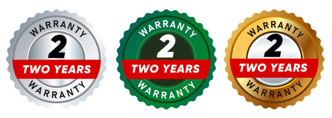 two 2 years warranty badge emblem seal set guarantee collection in silver green and gold premium circle shape