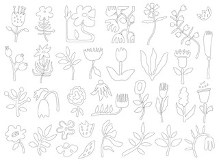 A set of vector illustrations with doodle-style flowers. A collection of flowers and a hand-drawn clipart.Design of stickers, social networks, packaging, Internet, postcards, posters