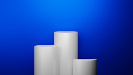 Group of cylinder pedestal podium on blue background, Product display podium in room, Stand to show products background.