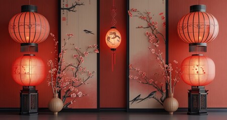 Red luxury background with product display podium element with 3d realistic chinese new year ornament and glitter light effect decoration and bokeh. AI generated illustration
