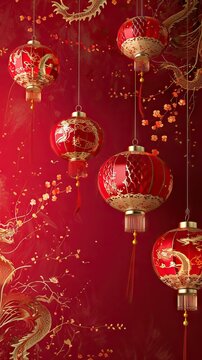 Happy Chinese new year luxury style pattern background . Oriental sakura flower gold line art texture on red background. AI generated illustration