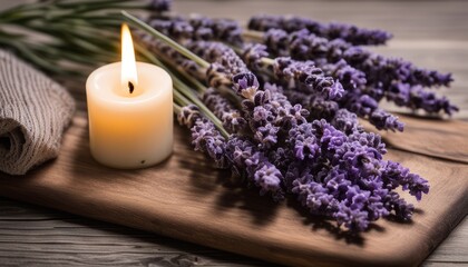 Obraz na płótnie Canvas A candle and lavender flowers on a wooden tray