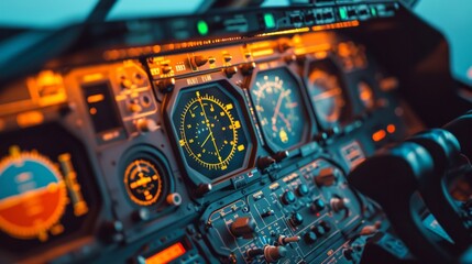 Vintage Control panel in plane cockpit. Analogue control devices - obrazy, fototapety, plakaty