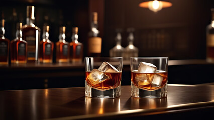 two glasses of whiskey with ice on a bar counter in a nightclub