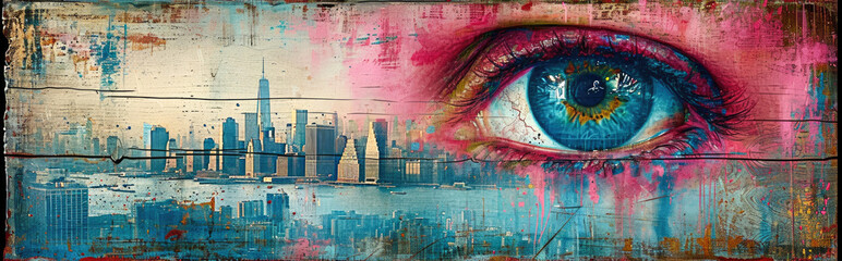 Obraz premium Blue eye with cityscape and graffiti on the wall. Collage.