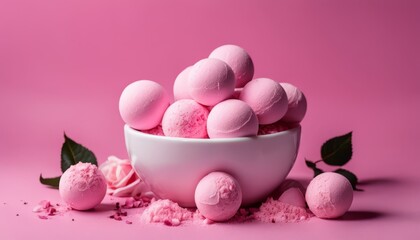 A bowl of pink balls with a rose petal on the side