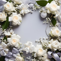white roses frame, title white frangipani flowers white flower, beautiful flower, Ribbon, decoration, GenerativeAI
