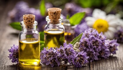Two bottles of lavender oil with purple flowers