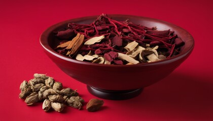 A bowl of spices and nuts on a red background