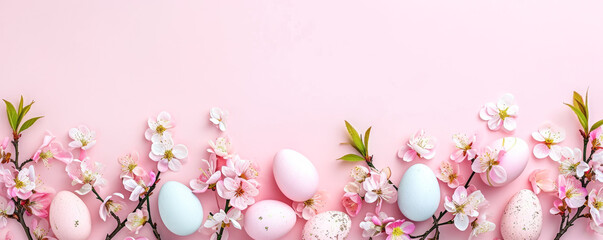 Easter eggs and cherry blossom branch on bokeh background