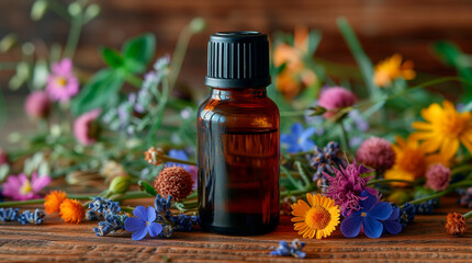 essential oil with wild wildflowers on a wooden background