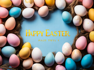 Fototapeta na wymiar Stylish text frame of the lightbox with the inscription happy easter. Pink, blue, white, gold, and yellow eggs are everywhere. Colorful Easter eggs top view. Copyspace