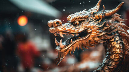 Vividly golden dragon sculpture captured in exquisite detail, embodying power and myth.