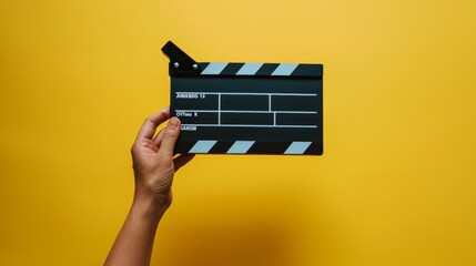 movie clapper on yellow background, cinema concept.