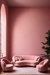 Minimalist Japanese interior design for modern living room. Stylish curved sofa and armchair against a pink wall with arched windows.