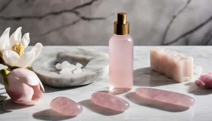 Fototapeta na wymiar A bottle of perfume and a tray of pink rocks